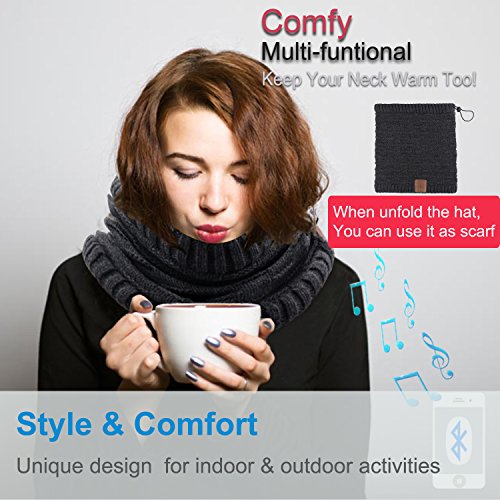 Rotibox 2IN1 Washable Winter Mens Womens Trendy Bluetooth Beanie Hat Scarf Wireless Stereo Headphones Mic Hands Free Rechargeable Battery Compatible with Cell Phones,iPhone,Android,Laptops - Black - Thumbnail 3
