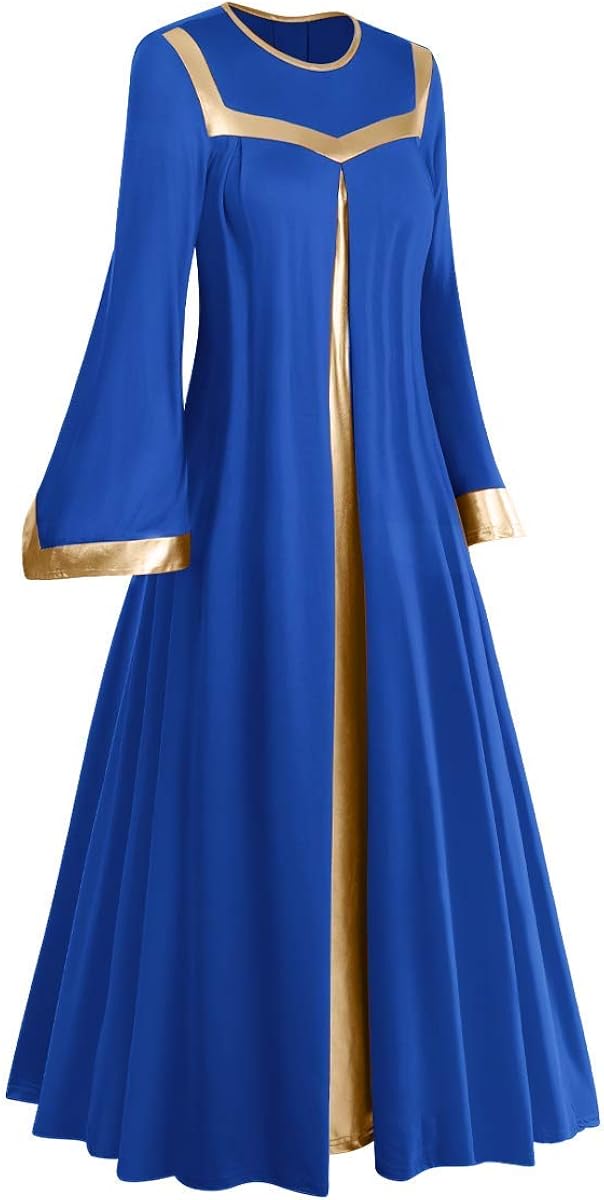 Women Gold Metallic Bell Long Sleeve Praise Dance Dress with Waistband Liturgical Dancewear Church Robe Worship Costume: Clothing