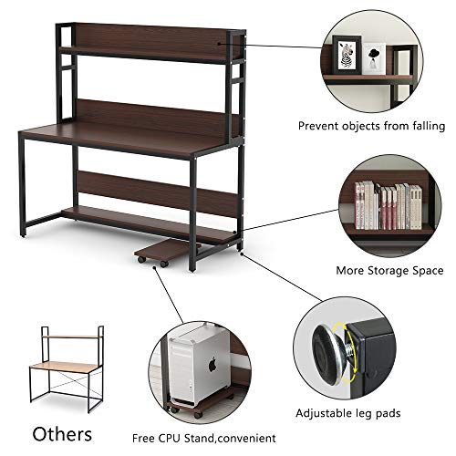 Tribesigns 55" Large Computer Desk with Hutch, Morden Writing Desk with Bookshelf, PC Laptop Study Table Workstation for Home, Cherry Brown+ Black Legs - Thumbnail 3