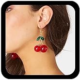 Allereyae Boho Large Cherry Dangle Earrings Red Cherry Drop Earrings Red Crystal Cherries Earring 3D Fruit Statement Earring Acrylic Cherries Hook Jewelry for Women