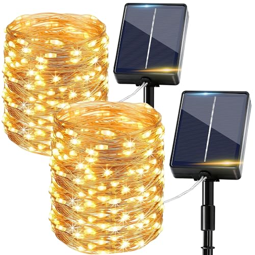 Outdoor Solar Lights, 2 Packs, 15 + 2 M 150 LED Outdoor Solar Light Chain IP65 Waterproof 8 Modes Warm White Copper Wire, Decorative Garden Solar Lights for Tree, Patio, Balcony