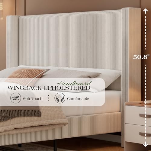 Jocisland Queen Size Upholstered Platform Bed Frame, 50.8" Corduroy Bed Frame with Wingback Headboard Vertical Tufted, Solid Wood Legs, No Box Spring Needed, Beige