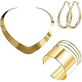 KURTCB Statement Princess Jewelry Set Gold Choker Necklace Wide Arm Cuff Band Bracelet Teardrop Hoop Earrings Halloween Jasmine Costume Set for Women Cosplay Party Gift