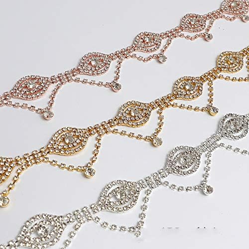 Rhinestone Tassel Trim with Crystal Beaded in Hot Rose Gold Color Metal by 1 Yard for Wedding Dress Jewelry Accessory (Rose Gold)