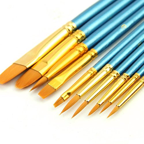 KingWo 10Pcs Artists Paint Brush Set Acrylic Watercolor Round Pointed Tip Nylon Hair