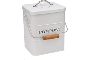 MOREZI Compost Bin Kitchen Countertop Indoor Compost Pail Bucket, Great for Food Scraps, Carbon Steel, Handles, White, 1 Gallon - Includes Charcoal Filter