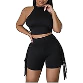 Ayolanni Two Piece Sets for Women Summer Workout Set Halter Top Crop Fringe Shorts Yoga Outfit Beach Loungewear Athletic Wear