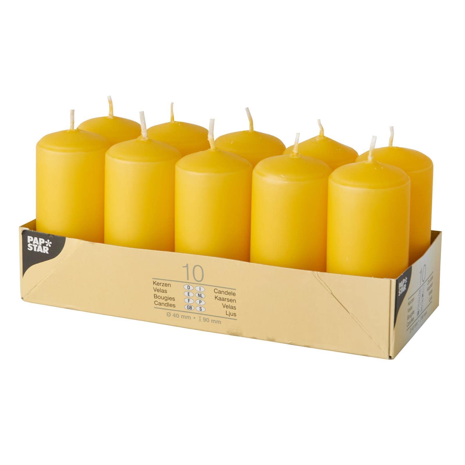 Papstar 17917, pillar candles, Ødiameter 40 mm, height 90 mm, paraffin, golden yellow, burning time: approx. 9 hours