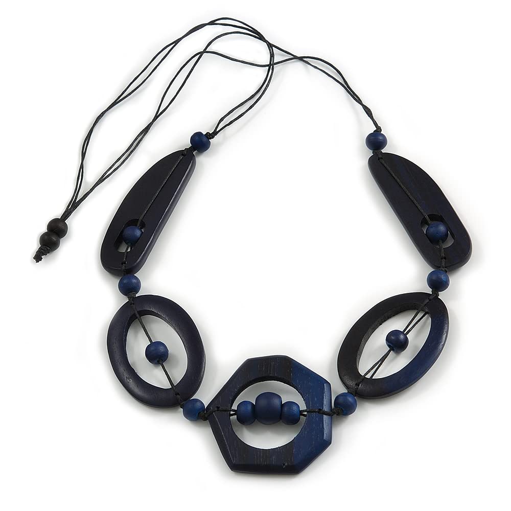 Avalaya Long Geometric Dark Blue Painted Wood Bead Black Cord Necklace - 90cm Max/Adjustable