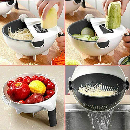 Rotate the Vegetable Cutter with Drain Basket 9 in 1 Slicer, Multi-functional Magic Kitchen Veggie Fruit Shredder Grater Slicer
