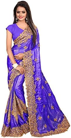 Indian Ethnic Designer Beautiful Satin Chiffon Double Coating Blue Color Saree Free Blouse