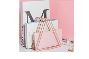 HOLLIN Files Folder Stand Desktop File Organizer,Triangle Copper Wire Book Shelf Magazine Rack, File Sorter Eye-catching Decoration for Indoor Office Home, Photography Props, Fashion (Rose Gold)
