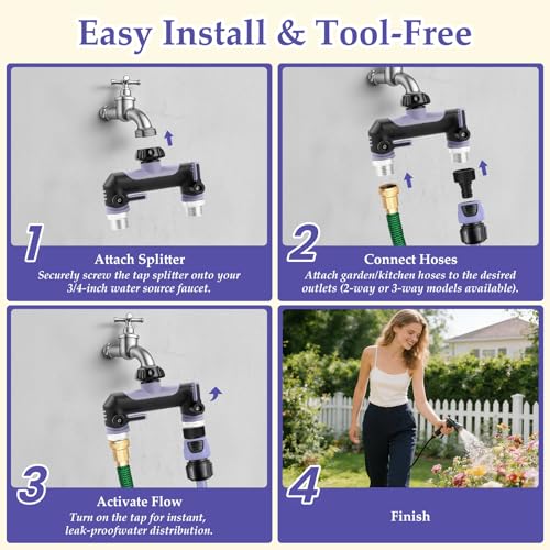 Landrip Garden Hose Splitter 2 Way Outdoor Faucet Splitter 3/4 Inch Heavy Duty T Hose Faucet Splitter Full Flow Hose Adapter with 2 Valves