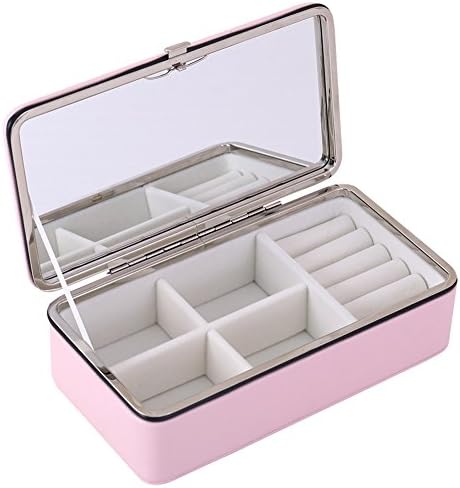 INLYF Jewelry Storage Box with Large Mirror, Portable Travel Jewellery Organizer Display Case for Rings, Earrings, Bracelets and Necklace (Pink)