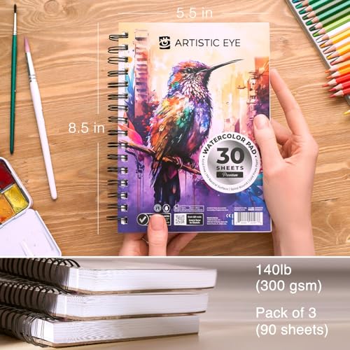 ARTISTIC EYE 5.5x8.5 Premium Watercolor Pads, Pack of 3 (90 Sheets), Spiral Bound, 140lb (300gsm), Acid-Free Paper, Perfect for Most Wet & Dry Media, Ideal for Beginners, Artists & Professionals