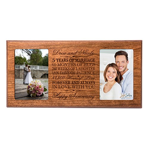 Personalized five year anniversary gift her him couple Custom Engraved wedding celebration for Husband wife girlfriend boyfriend photo frame holds two 4x6 photos by LifeSong Milestones (Cherry)