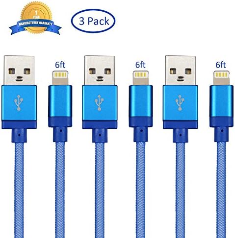 NEXCABLE 3Pack 6ft USB to Lightning Cable Nylon Braided Long Charging Charger Cord for iPhone 7,SE,5,5s,6,6s,6 Plus,iPad Air,Mini,iPod(Blue)