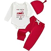 Kuriozud Baby My First Valentine's Outfits Long Sleeve Romper Bodysuit Top Pants Hat 3 Piece Clothes Set
