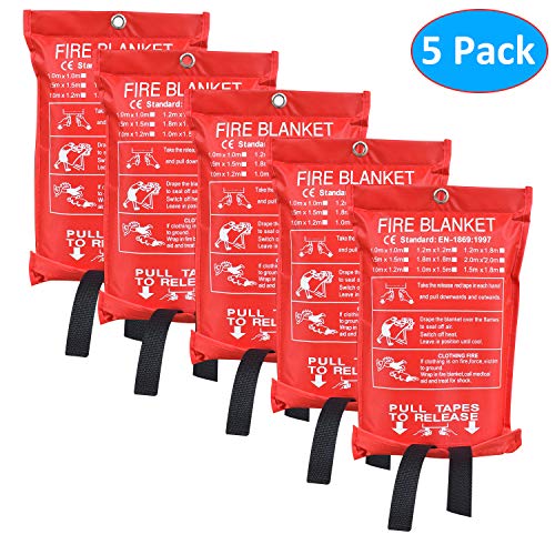 Aaaspark 5 Pack Fire Blanket Fiberglass Fire Emergency Blanket Suppression Blanket Flame Retardant Blanket Emergency Survival Safety Cover for Kitchen,Camping,Fireplace,Grill,Car,RV,Boat(39″X39″)