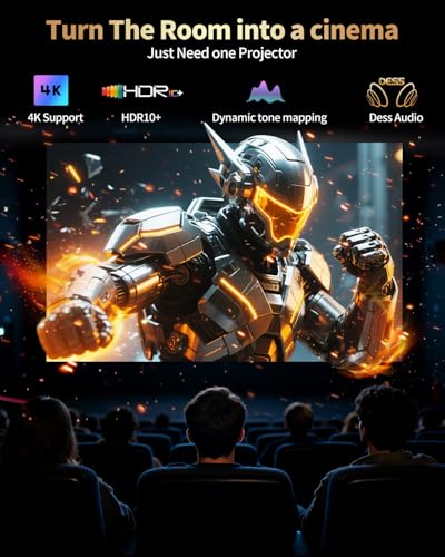 Smart 4K Projector, 2500 ANSI Outdoor Projector for Garden, Bedroom & Home Theater, Native 1080P HDMI with Hidden Electric Bracket, Auto Focus Keystone, WiFi 6 Bluetooth, 300'' IMAX Enhanced Black
