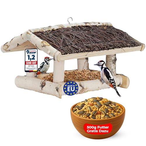 Torfix® Vogelfutterhaus Zum Aufhängen - Futterhaus Für Vögel Hängend - Bird House - Wetterfest -Wetterbeständiges Dach, 39×35×25 Cm, Inkl. 500G Vogelfutter Sofort Einsatzbereit Handgefertigt In Der Eu