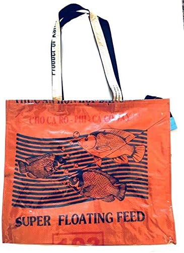 Eco Friendly Upcycled Grocery Bag/Shopping/ Beach Tote by Serado - Handmade in Cambodia from Recycled Cement & Feed Bags - Reusable & Durable (Orange w/Fish)