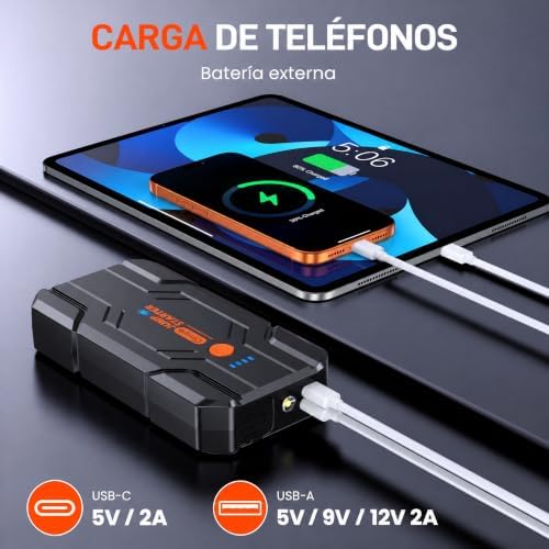Motor de arranque de bateria de carro 14.8V-8000A com arranque de emergência para motor a gasolina 9.0L ou diesel de 8.5L, power bank portátil com carregamento rápido QC3.0, lanterna LED e pinças inteligentes