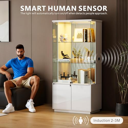Glass Display Cabinet with Lights, Modern Curio Cabinet Display Cases for Collectibles, Locking Cabinet with Shelves & Drawers, Tall Bookcase with Human Body Sensor for Living Room, White