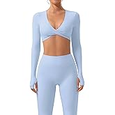 SUUKSESS Women 2 Piece Workout Sets Long Sleeve Twist Deep V Crop Padded Tops Yoga Leggings with Side Pockets