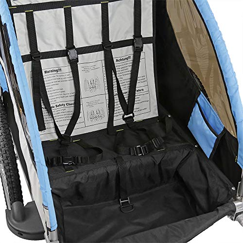 Clevr Elite 3-in-1 Double 2 Seat Bike Bicycle Trailer Jogger Stroller for Kids Children - Foldable for Storage, Light Blue - Thumbnail 5