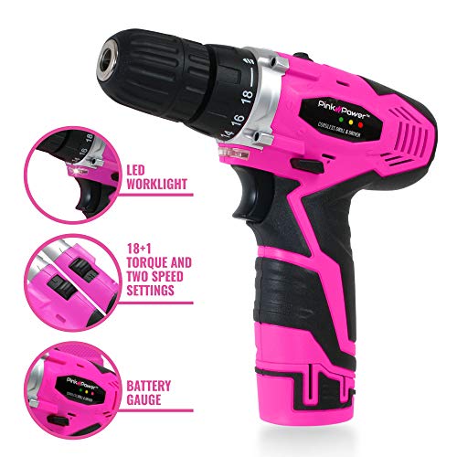 Pink Power PP121LI 12V Cordless Drill & Driver Tool Kit for Women- Tool Case, Lithium Ion Electric Drill, Drill Set, Battery & Charger (Certified Refurbished)