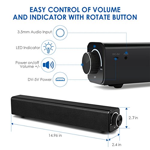 Sound Bar, EIVOTOR 20W Wired and Wireless Portable Soundbar, Home Theater Speaker Surround Audio Stereo System for TV, PC, Cellphone, Tablets Projector and Wireless Devices