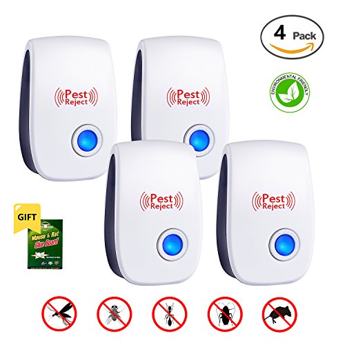 Pest Control Ultrasonic Repeller, Set of 4 Electronic Plug In Repellent with Nightlight for Insects and Rodents, Mice, Mosquitoes, Spiders, Ants, Rats, Roaches, Bugs, Non-toxic, Human Pets Safe