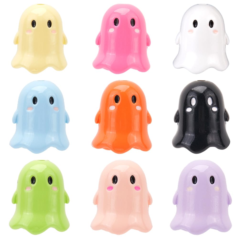 SUNNYCLUE 1 Box 36Pcs 9 Colors Ghost Beads Jewellery Halloween Beads Acrylic Opaque Colorful Cartoon Ghost Spacer Loose Bead for Halloween Jewellery Making Bracelets Necklaces Beaded Supplies Crafting