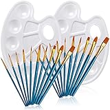 20 Pcs Paint Brush Set with 2 Pcs Paint Tray Palette, FineGood Round Pointed Tip Nylon Hair Paintbrush for Kids Students Beginners - Brown