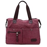 Lonson Unisex Canvas Shoulder Bag Big Travel Handbag Weekend Tote Bag (Wine Red)