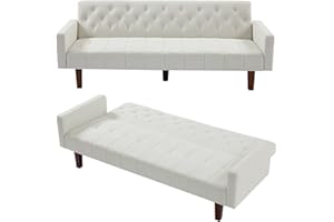 mikibama Tufted Linen Futon Sofa Couch Bed for Living Room Convertible Fabric Beige Upholstered Sleeper Futon Guest Bed Twin Size with Solid Wood Legs for Small Spaces (Beige)