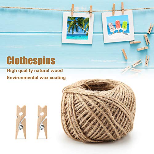Walfront 250pcs Mini Wooden Clips Photo Clips Clothespin Craft Decoration Clips with 1 Roll 50 Meter Jute Twine Crafts Decor