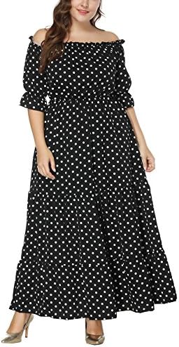 JYUAN Women's Plus Size Off The Shoulder Short Sleeve Elastic High Waist Polk Dots Retro Vintage Swing Maxi Dresses (Black, 3XL)