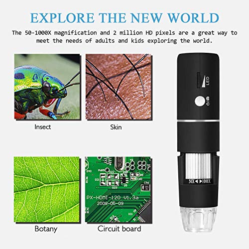 WiFi Microscope, VSATEN 50x to 1000x Wireless Digital Handheld Zoom Magnification Endoscope 1080P FHD 2.0 MP 8 LED Compatible with Android and iOS Smartphone or Tablet, Windows Mac PC Computer