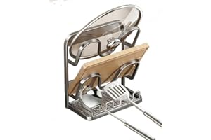 Kitchen Pot Lid Storage Rack, Pot Lid Holder While Cooking & Spoon Rest, Countertop Pot Cover Organizer with Removable Drip T