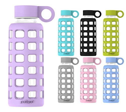 purifyou Premium Glass Water Bottle with Silicone Sleeve and Stainless Steel Lid, 12 / 22 / 32 oz (Lavender, 22 oz)