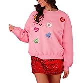 Yiulangde Holiday Pink Heart Love Shirts for Women Girls Cute Bow Letter Sweater Tops Long Sleeve Sequin Graphic Sweatshirts