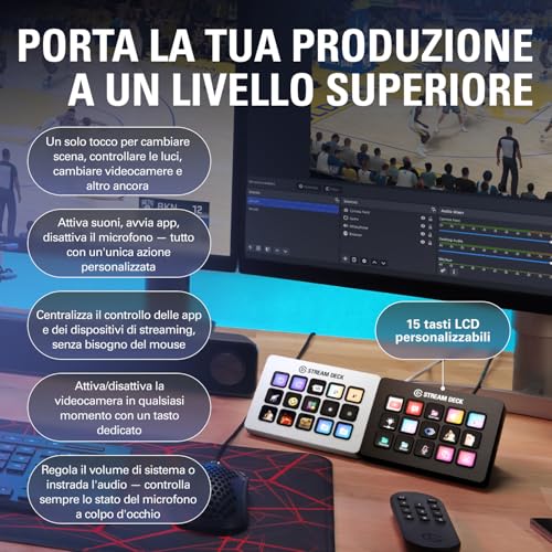 Stream Deck MK.2 White – Controller da studio, 15 tasti macro, attiva azioni nelle app e in software quali OBS, Twitch, ​YouTube e altro, funziona con Mac e PC