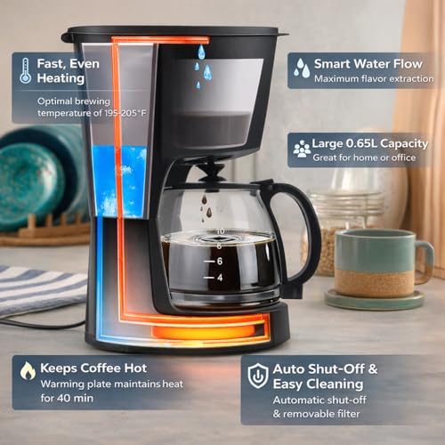 Drip Coffee Maker 650ml, 6 Cup Coffee Maker with Glass Carafe, Reusable Filter Coffee Maker, Auto Shut Off & Keep Warm Function, Compact Coffee Maker Machine 650W, Black
