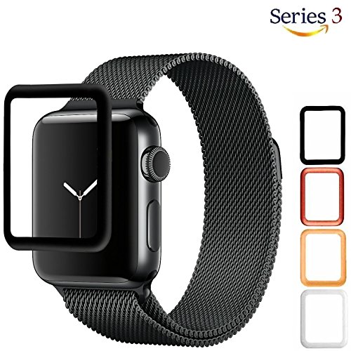 Josi Minea Apple Watch [42mm] 3D Tempered Glass Screen Protector with Edge to Edge Coverage Anti-Scratch Ballistic LCD Cover Premium HD Shield Guard for Apple Watch Series 3 - 42mm [ Black ]