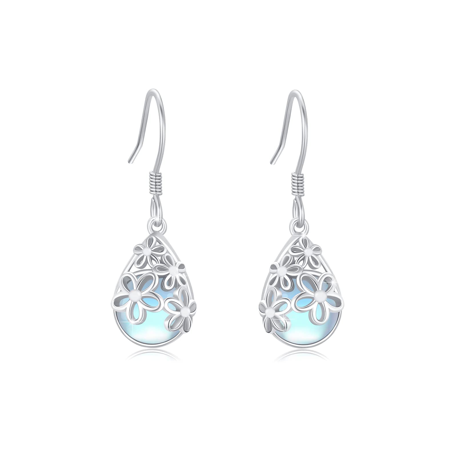Daisy Earrings Moonstone Earrings for Women 925 Sterling Silver Daisy Dangle Earrings Flowers Moonstone Drop Earrings Hypoallergenic Daisy Jewellery for Women Girls