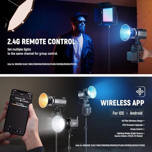 NEEWER MS60C RGBWW LED Video Light with 2.4G/APP Control, 65W Metal Mini RGB COB Continuous Output Lighting Bowens Mount Handheld Spotlight 2700K-6500K,8300lux/1m, CRI 97+/TLCI 98+,17 Effects + RGBCW