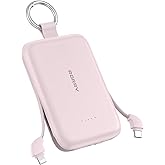 RORRY Portable Charger, 10000mAh PD 30W Fast Charging Portable Charger Power Bank with Built-in Cables, Travel Keychain Charger Battery Pack for iPhone 17/16/15/14/13/12, for AirPods 2/3/4/Pro, Pink