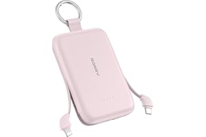 RORRY Portable Charger, 10000mAh PD 30W Fast Charging Portable Charger Power Bank with Built-in Cables, Travel Keychain Charger Battery Pack for iPhone 17/16/15/14/13/12, for AirPods 2/3/4/Pro, Pink